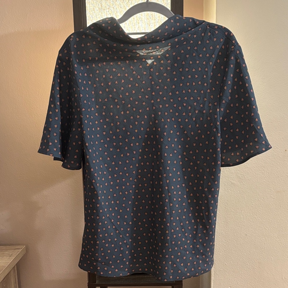 Ann Taylor Navy Blue Blouse with Red Pattern